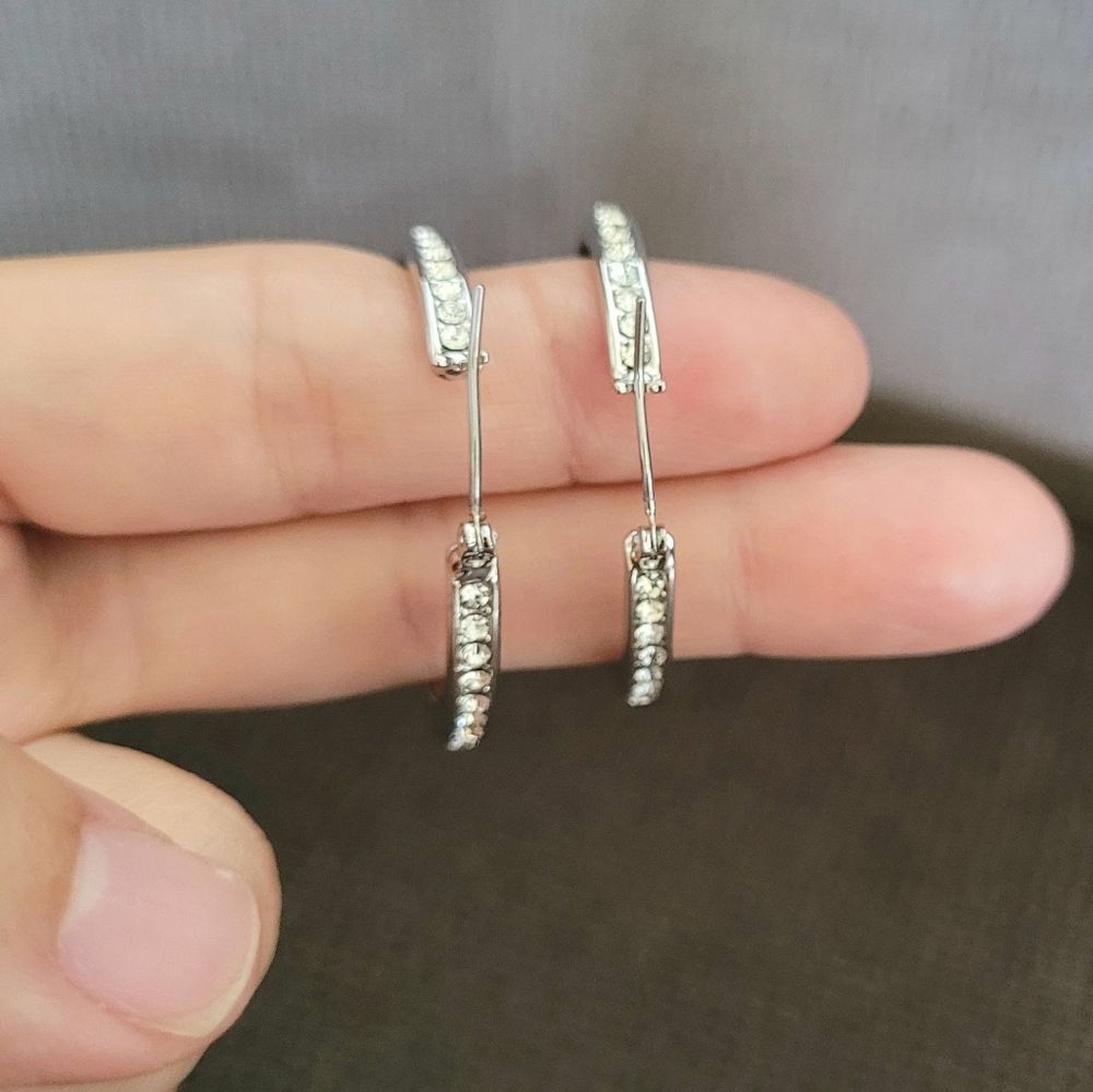 Tahari Cubic Zirconia💎 Lined Silver Hoop Earrings - Picture 16 of 16